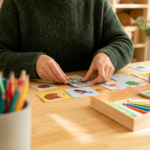 Educatrice prepara materiali visivi per un’attività educativa