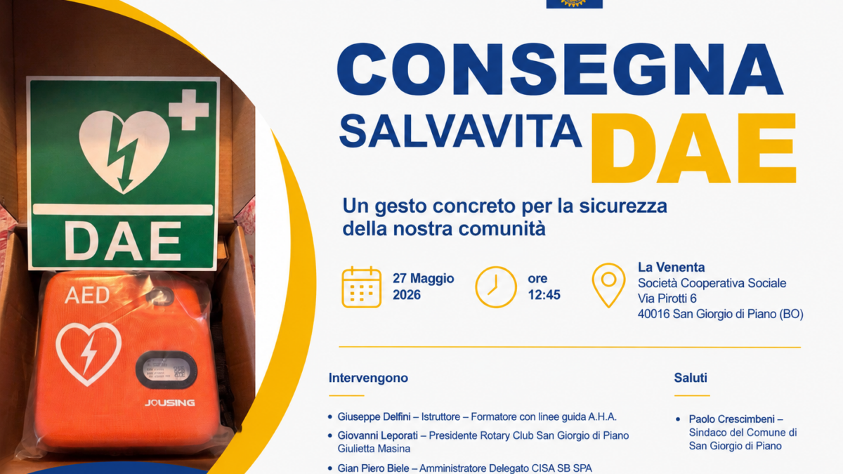 Locandina della consegna del defibrillatore DAE presso La Venenta a San Giorgio di Piano