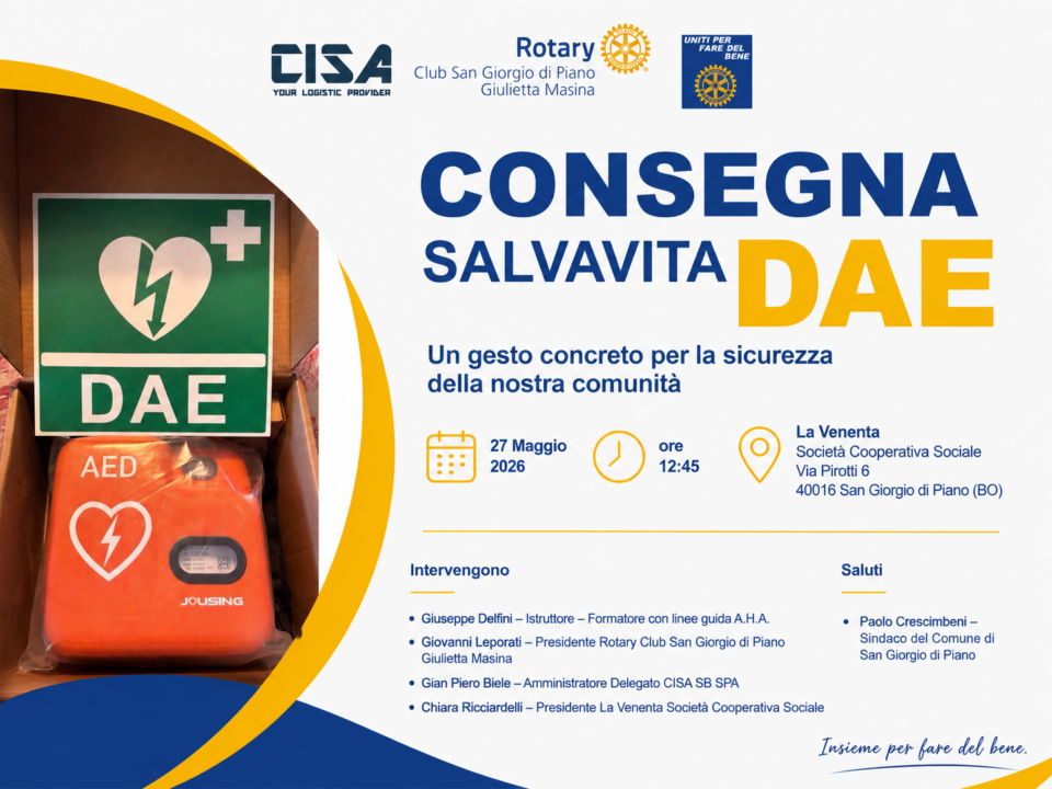 Locandina della consegna del defibrillatore DAE presso La Venenta a San Giorgio di Piano